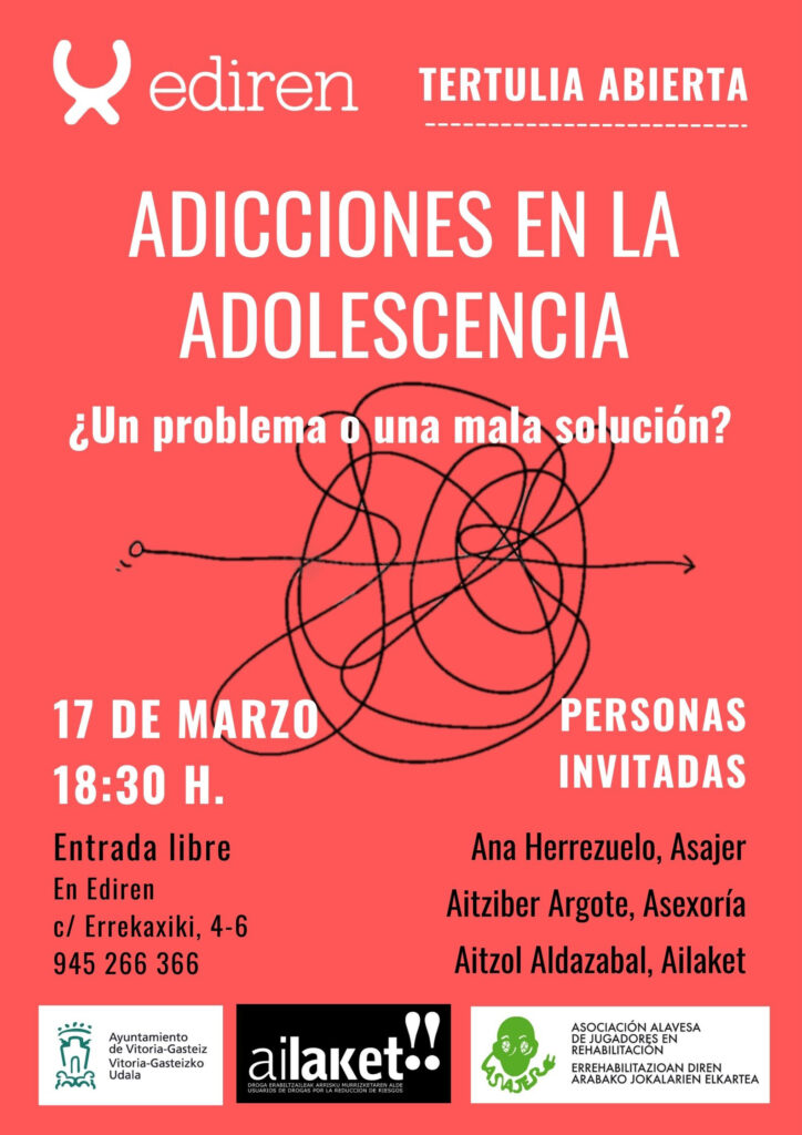 Tertulia abierta en Ediren sobre Adicciones en la adolescencia, ¿un problema o una mala solución?